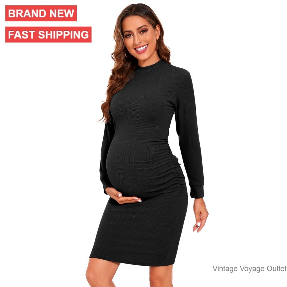 Maternity Dress Long Sleeve Knit Crew Neck Pregnancy Clothes